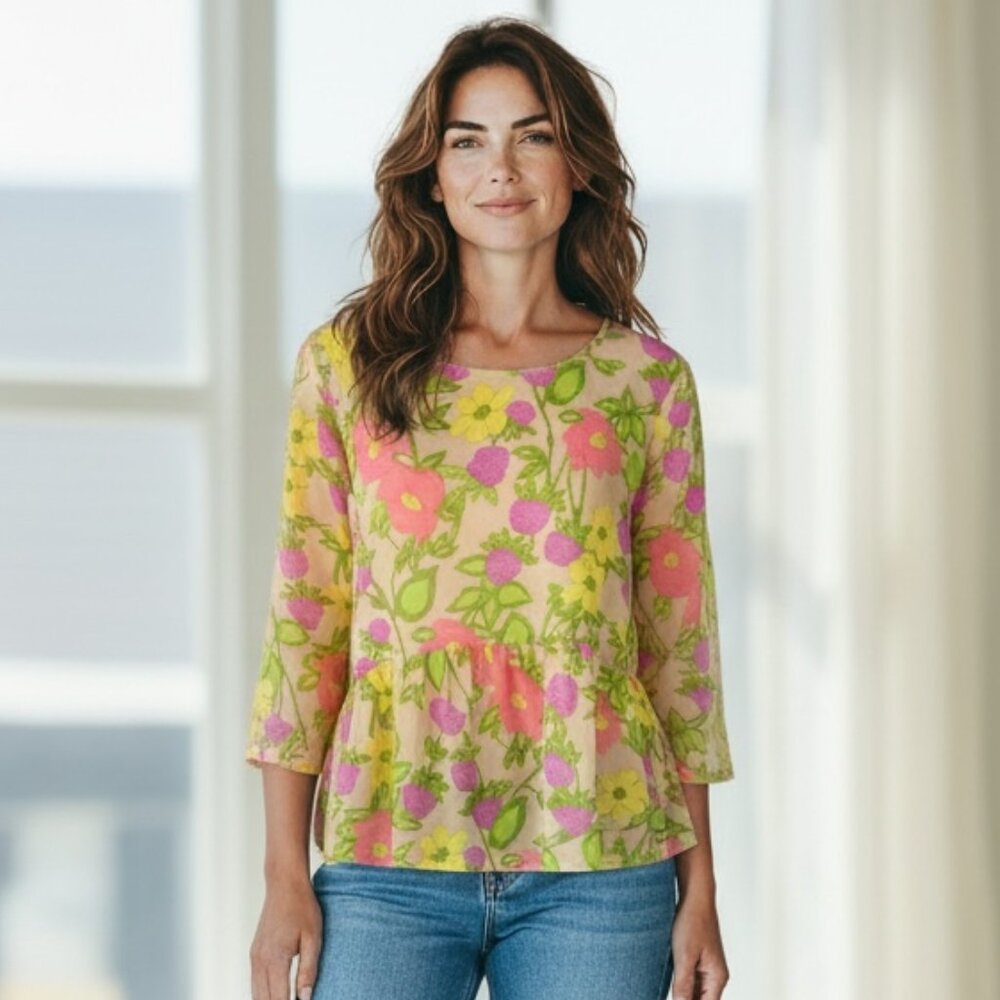 Everly Sheer Floral Peplum Blouse Sz S/M Multicolor #232J‎